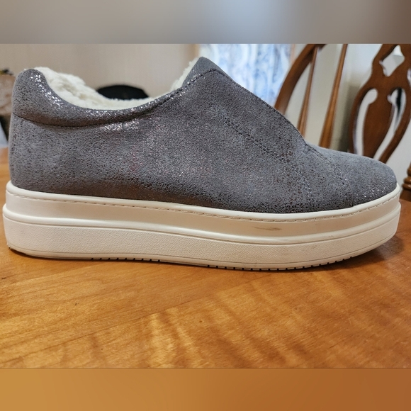 J/Slides Nada Pewter Metallic Suede Slip On Platform Shoes Faux Shearling Suede - Picture 2 of 11